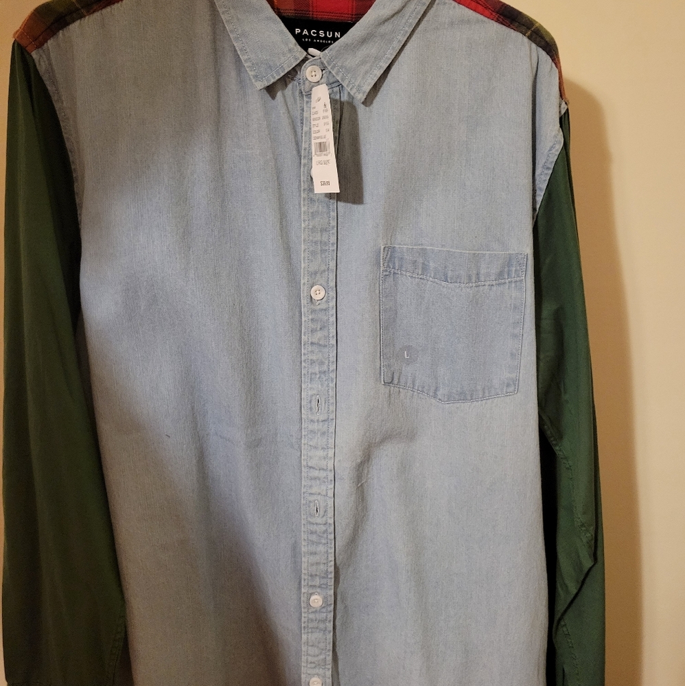 Long Sleeve Denim & Plaid Shirt 👕